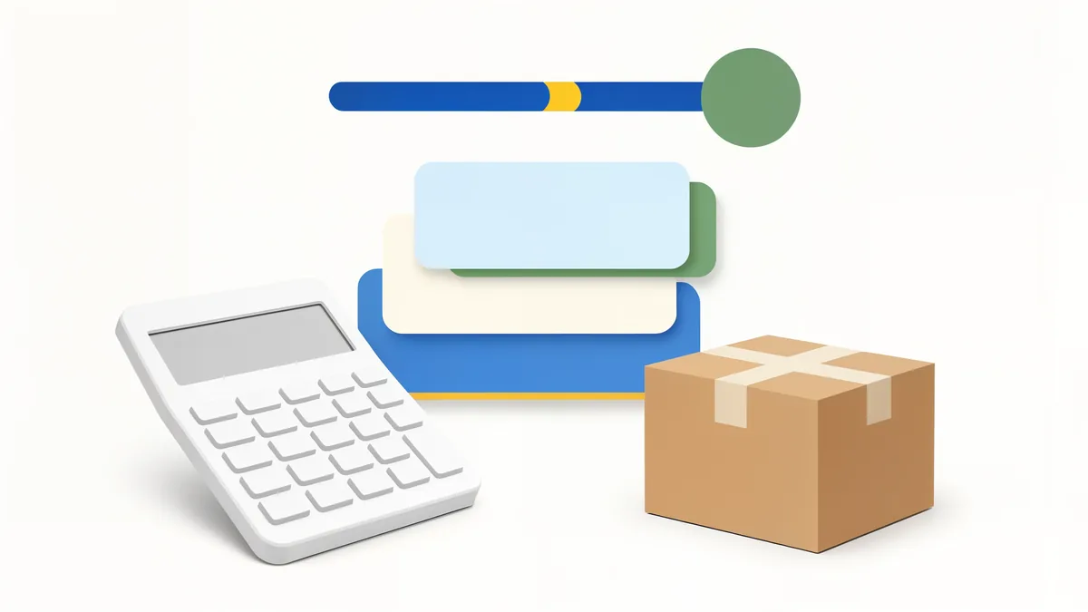 Calculator, product box and layered cards representing deal costs