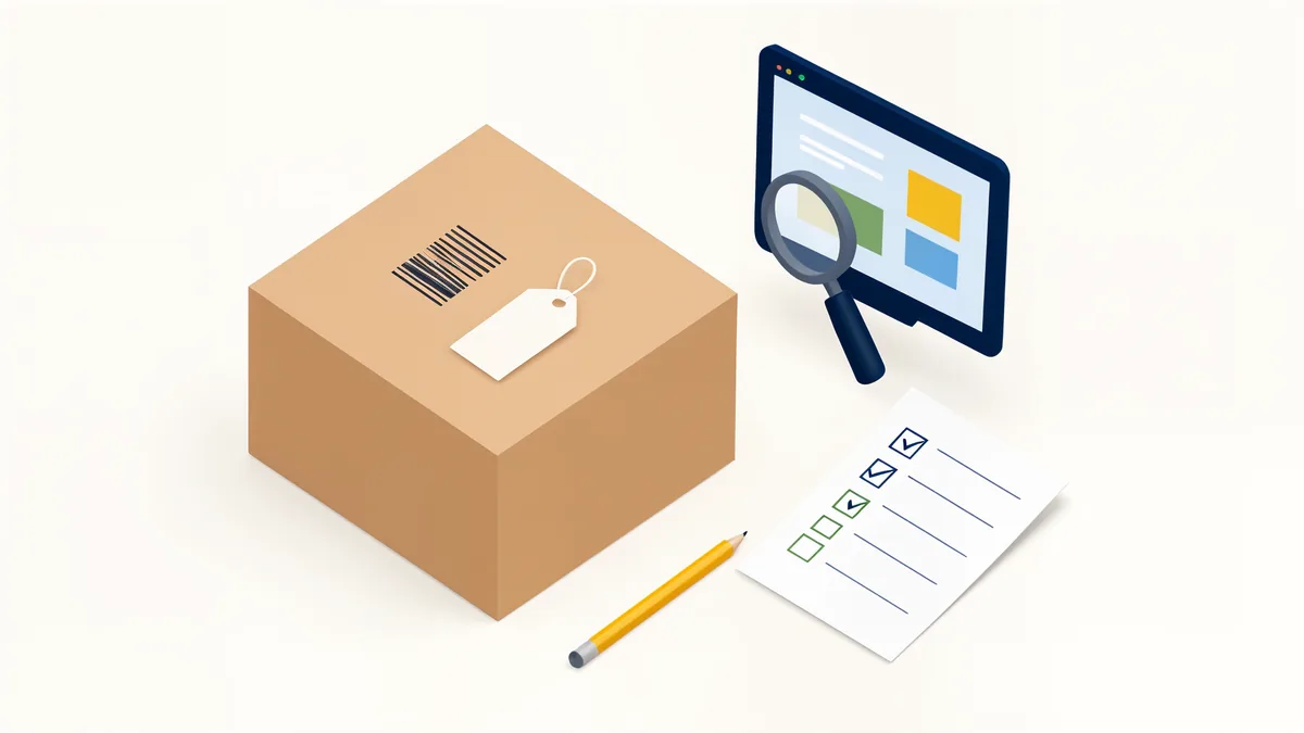 Generic product box, barcode label and sourcing checklist